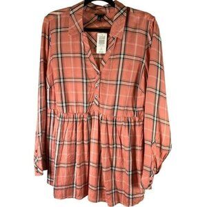 Torrid Women's 1X Pink Plaid Long Sleeve Button Up Peplum Blouse Top New Fall